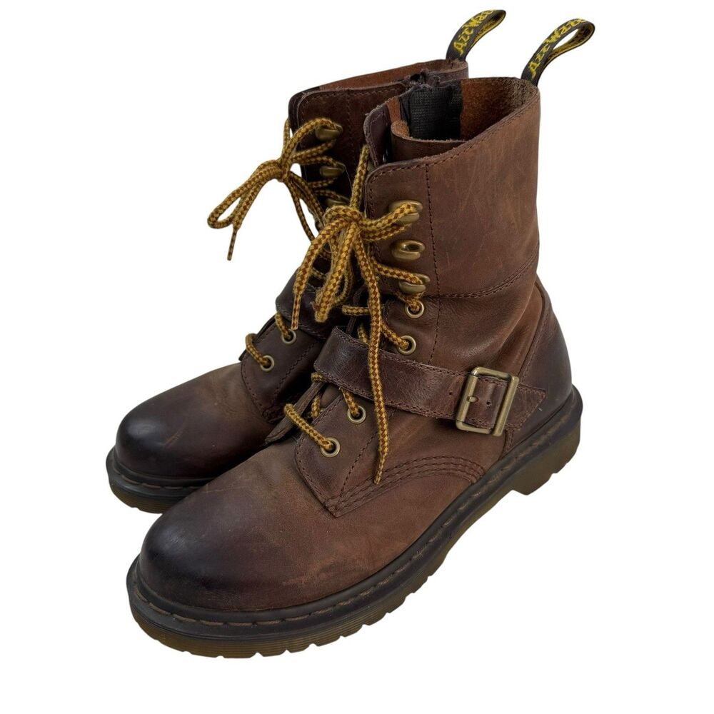 Dr Martens Brown Hilda Leather Buckle Strap Combat Boots Women 9 US Lace Up Zip